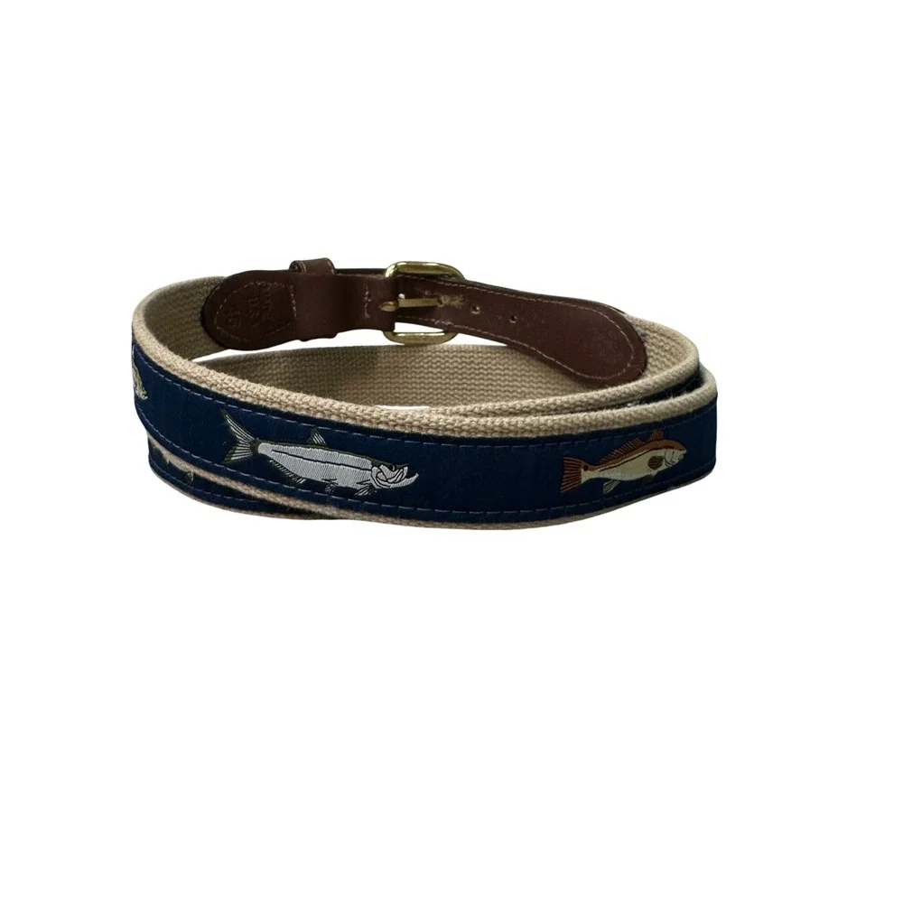 Zep-Pro Mens Webbed Canvas Belt Navy Tan Leather Brass Buckle Made in USA 46